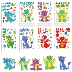 8/16/24Pcs Dragon DIY Cute Cartoon Puzzle Sticker Creative Animals Make A Face Assembly Stickers Children's Toys
