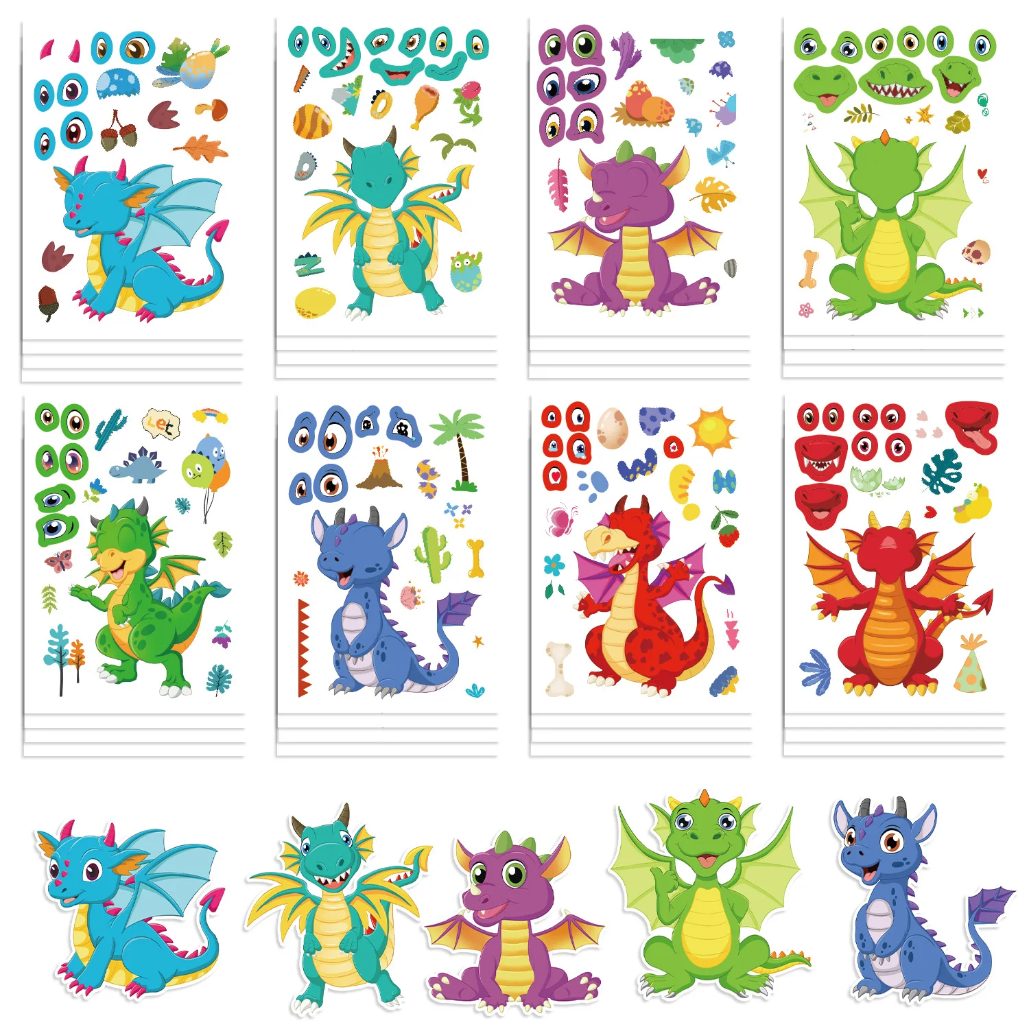 8/16/24Pcs Dragon DIY Cute Cartoon Puzzle Sticker Creative Animals Make A Face Assembly Stickers Children's Toys