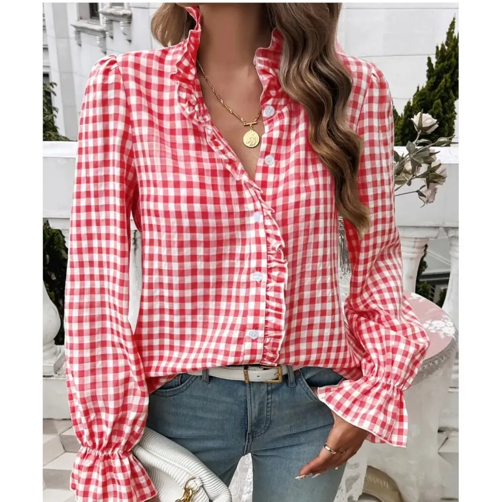 Champignon bord col montant Plaid à manches longues chemise femmes printemps automne décontracté ample simple boutonnage femme polyvalent chemise hauts