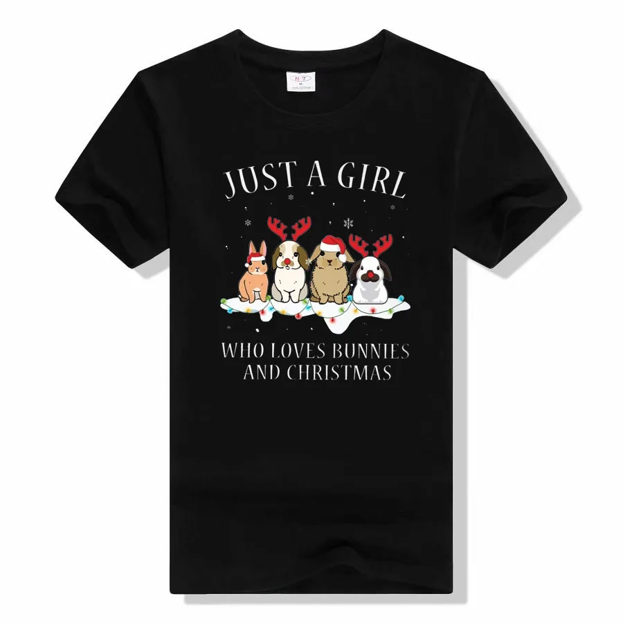 Just A Girl Who Love Bunnies and Christmas Classic T-Shirt Aesthetic Clothes Rabbits Printed Graphic Tee Tops Xmas Gifts