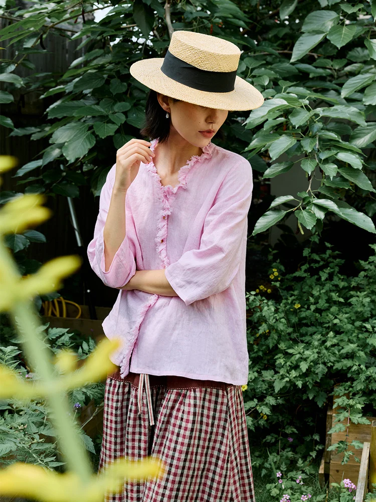 

ZBWY Новая женская свободная блузка из высококачественного льна с V-образным вырезом, цвета сакуры, с длинными рукавами, весна-лето