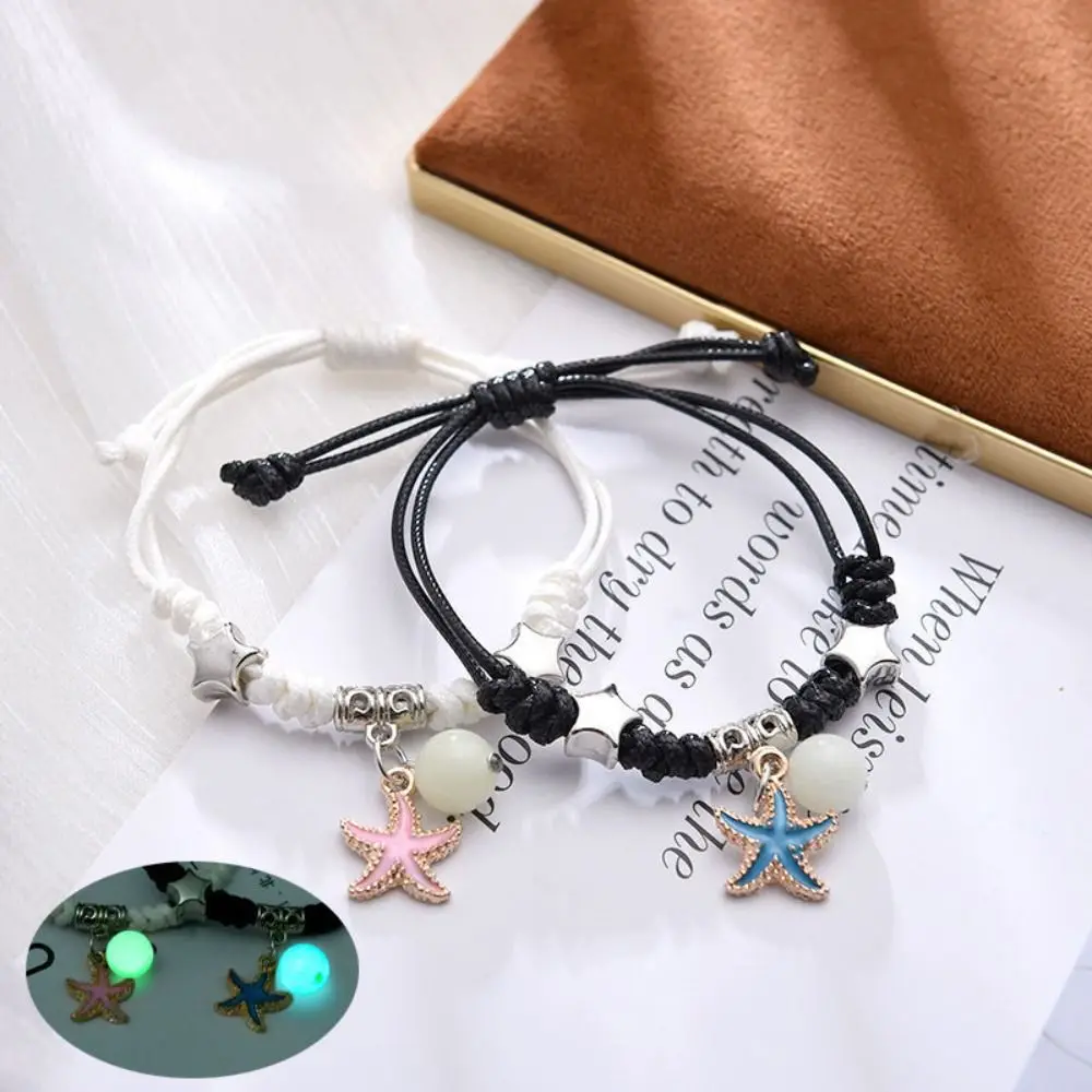 2Pcs Adjustable Luminous Beads Couple Bracelet Woven Rope Bracelet Jewelry Charms Bracelet Set Heart Cat Friendship Bracelet