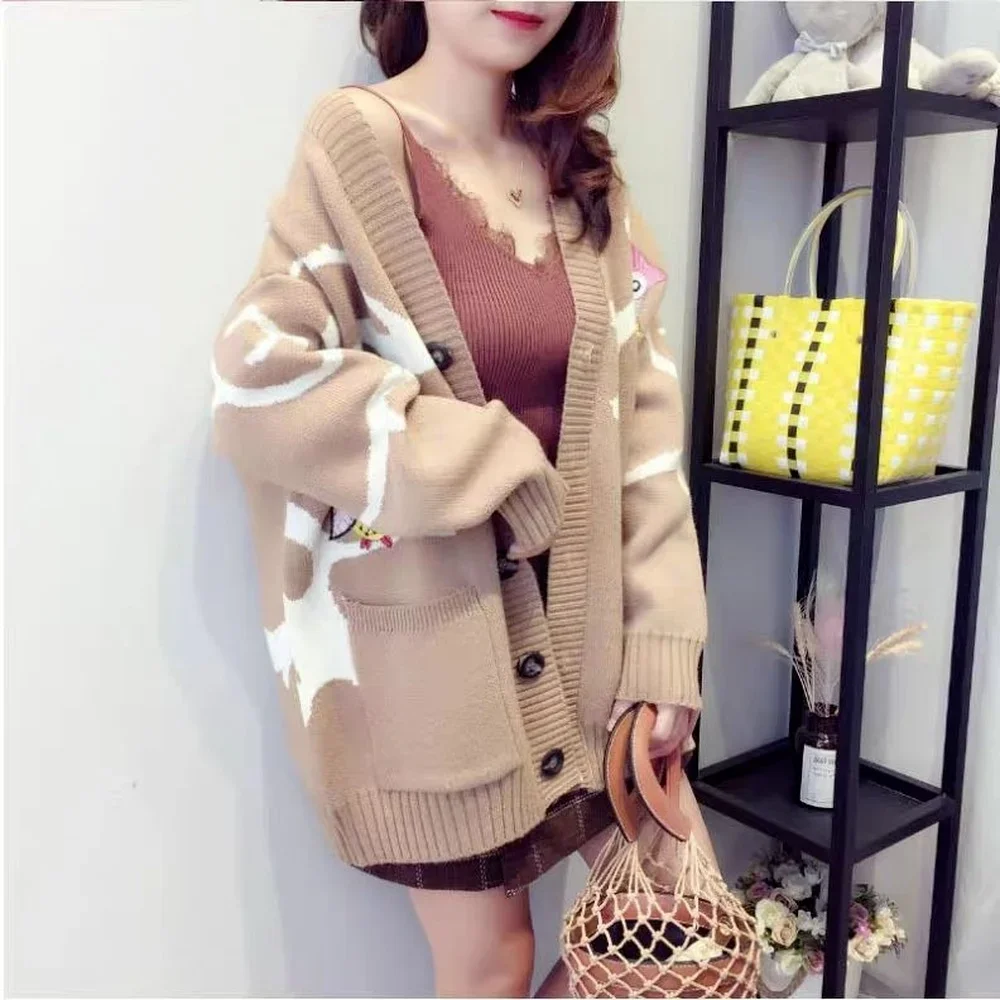 Khaki Women\'s Long Knitted Cardigan, Loose Korean Style Owl Pattern Coat Sweater, V-neck Button Warmth, Thick Aesthetic Sweater