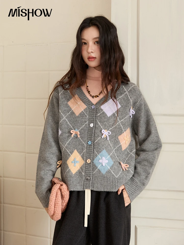 

MISHOW Plaid Cardigan Women 2025 Autumn Winter Gray Three-dimensional Bow Retro Twist Loose Thick Sweater Commute MXE49Z2641