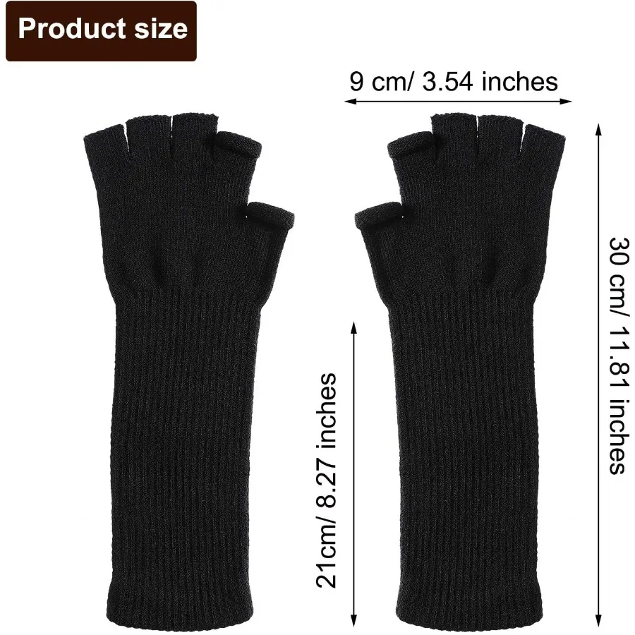 2 أزواج الشتاء أصابع قفازات طويلة الحرارية محبوك القفازات بسط مدفئات للذراع نصف اصبع قفازات للرجال النساء 11 بوصة لكل #2