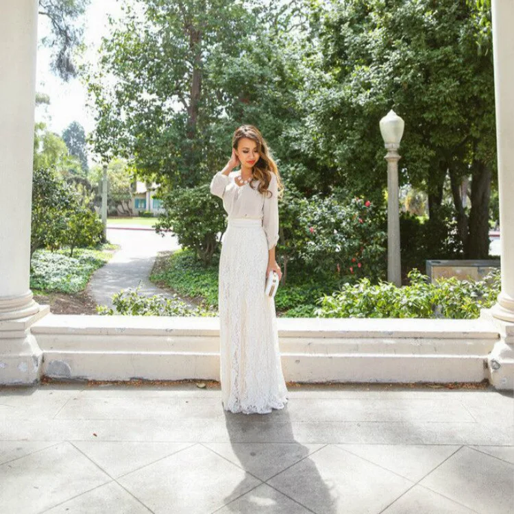 

Women Slim-fitting Double Lace Layer Chiffon Pleated Long Maxi Skirt Elastic Waist Floral Ankle-Length long skirt streetwear