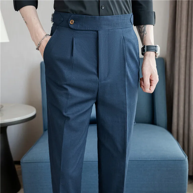 High Quality Summer Suit Pants Men Thin Cotton Linen Breathable Smart Casual Trousers Mens Solid Straight Dress Pants 90% Linen