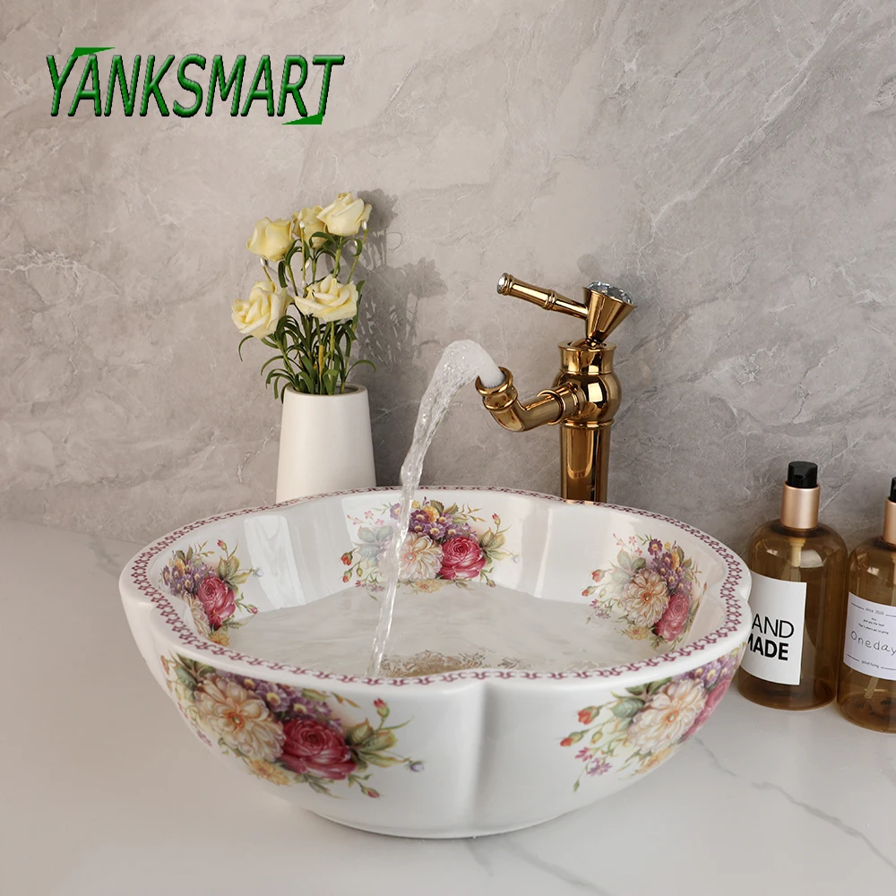 YANKSMART Art Flower Ceramic Bathroom Vanity Vessel Faucet Combo Kit White Above Bowl W/ Gold Mixer Sink Faucets Pop-up Drain