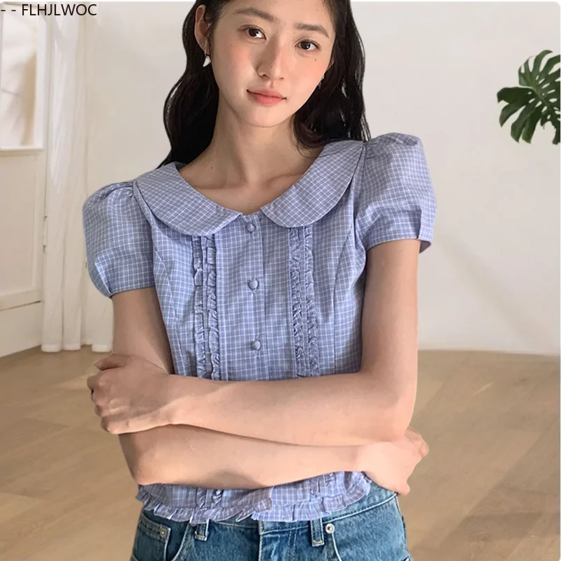 

Cotton Puff Sleeve Short Tops Blouses Y2K New Woman Cute Japan Style Girls Peter Pan Collar Top Retro Vintage Plaid Short Shirts