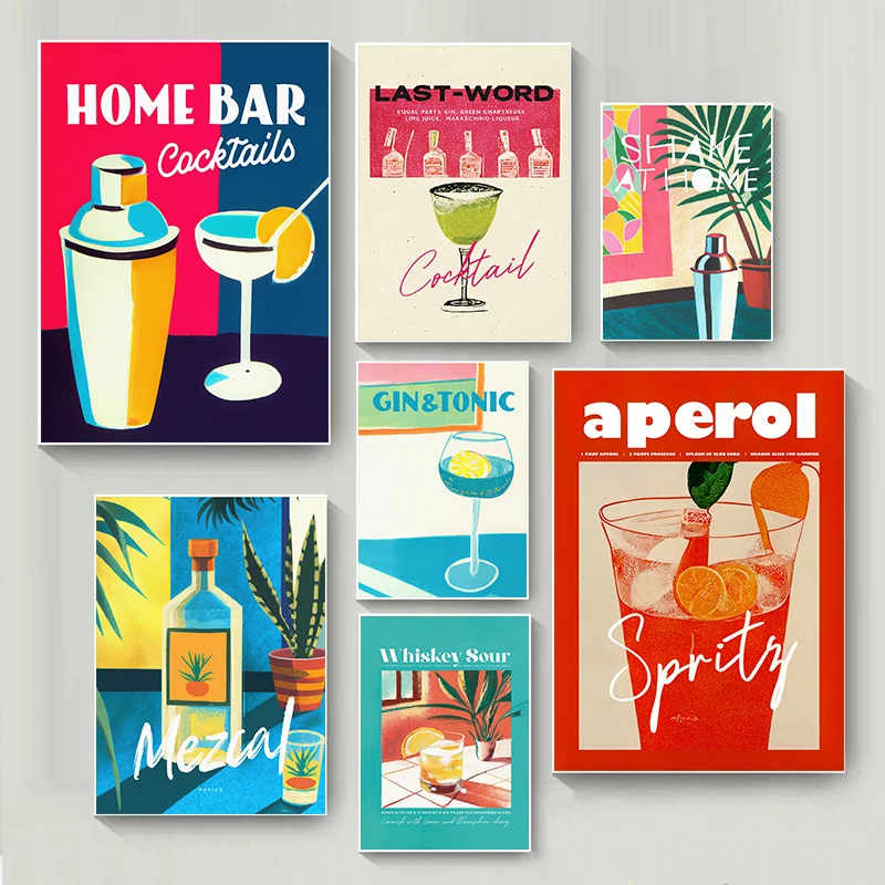 Retro Classic Cocktail Drinks Poster Beachy Alcoholic Mojito Tequila Canvas Painting Wall Art Beach Bar Kitchen Room Home Decor