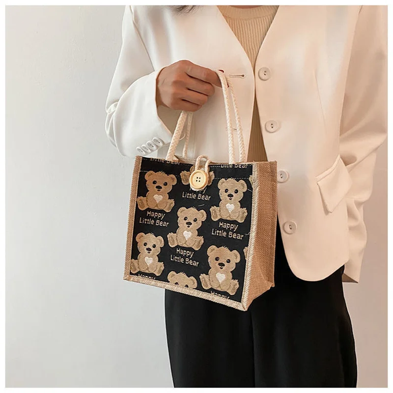 Bear Linen Tote Bag Female Outing Hand Bag 2022 Internet Celebrity Ins Japanese Small Shoulder Bag Student Shoulder Bag Trend