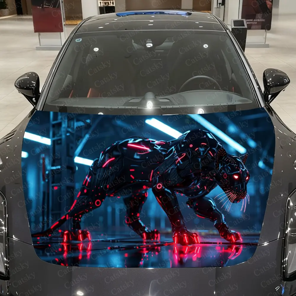 

Cyber Red Glow Panther Urban Night Scene Car Vinyl Wrap, PVC Material Waterproof Car Hood Sticker, Self-Adhesive Scratch-Resista