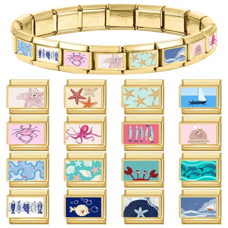 Gold Color Sailing Boat Fishes Crab Starfish Cat Animals Italian Charm Links Stainless Steel Fit 9mm Bracelet Making DIY Jewelry