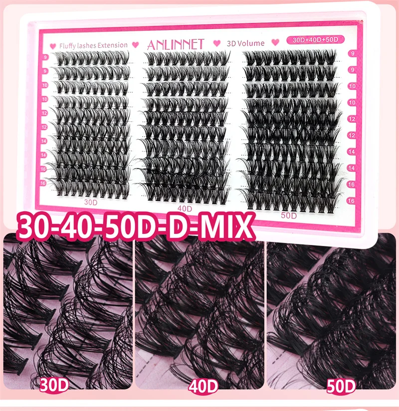 1 caixa de 300 clusters de cílios macios misturados com cílios postiços naturais segmentados enrolados C/D grossos de grande capacidade