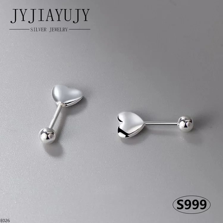 

JYJIAYUJY 100% Pure Silver S999 Screw Back Earrings Smooth Heart Shape Fashion Trendy Hypoallergenic Women Jewelry Gift ZYE026