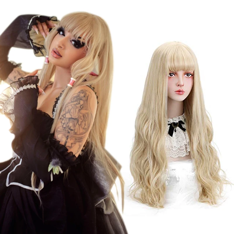 

AICKER Blonde Wig With Bangs Long Wave Synthetic Fiber Custume Party Cosplay Lolita Wigs For Black/White Women Daily Use