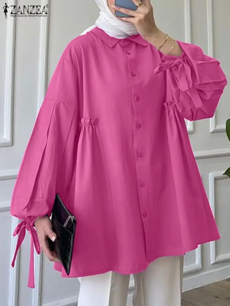 

2023 ZANZEA Fashion Puff Sleeve Muslim Blouse Woman Lapel Neck Solid Tops Autumn Casual Party Chemise Elegant Islamic Clothing