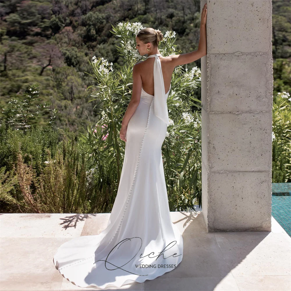 Qiche clássico halter sereia vestidos de casamento feminino 2026 botões traseiros abertos sem mangas trem varredura vestidos de novia personalizado