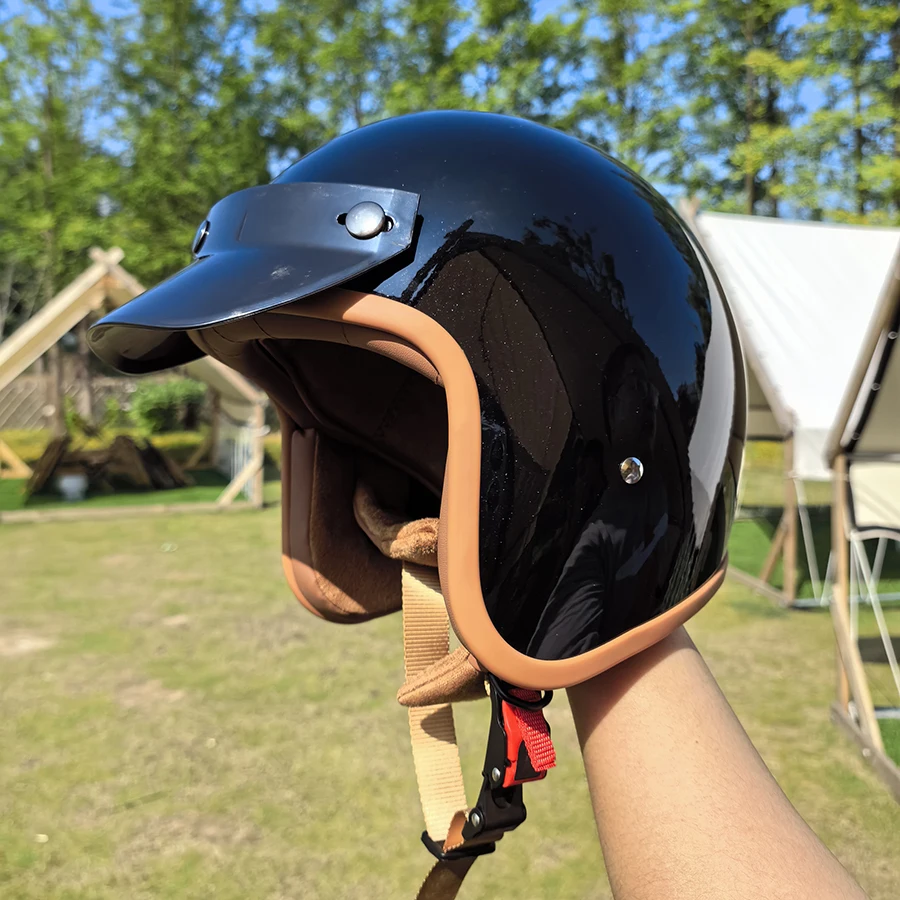 

Vintage Motorcycle Helmet 3/4 Jet Scooter Helmet Glossy Black Open Face Trendy Riding Gear
