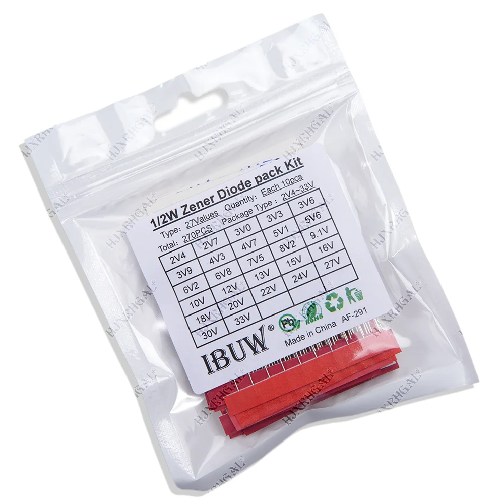 270 pçs/lote 0.5W Kit de Diodo Zener Conjunto de Sortimento 1/2W 2V4-33V Pacote de Diodo Zener 12V 18V 5V1 5V6 3V3 3V6 4V3 4V7 6V2 6V8 7V5 20V 22V