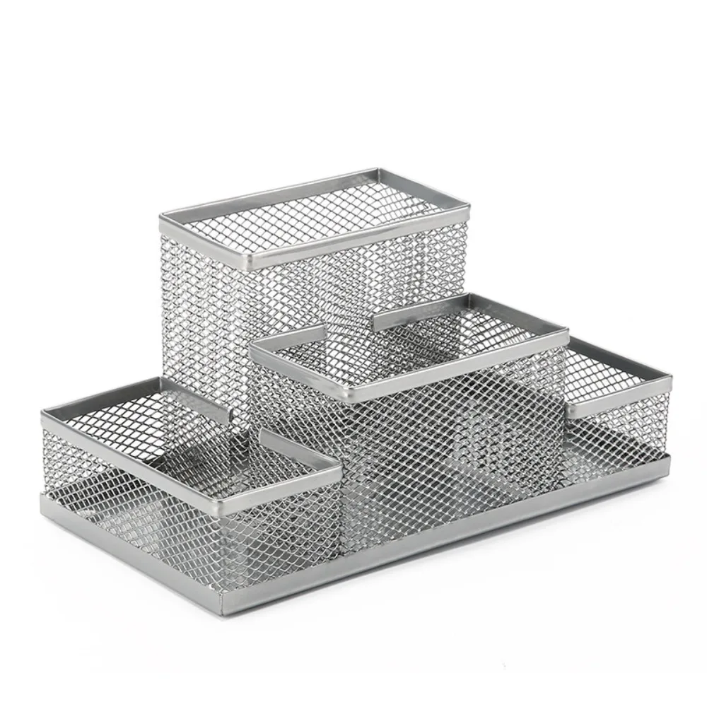 3/4 Grid Metal Mesh Pen Holder Hollowed-out Large Capacity Pencil Storage Box Creative Multi-Purpose Makeup Brush Storage Bucket