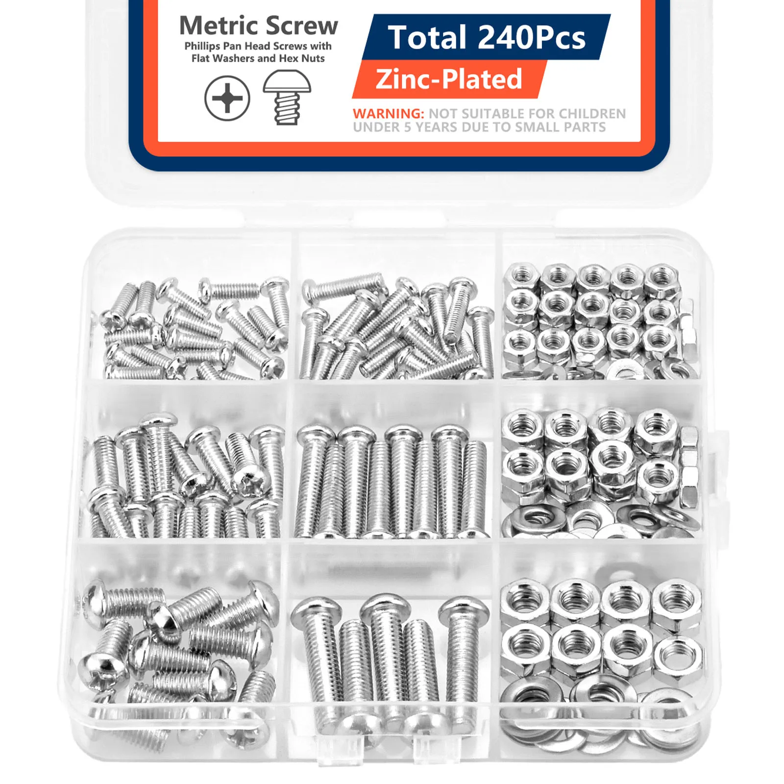 240Pcs Screws Bolts and Nuts Assortment Kit, Metric Machine Screws and Nuts and Bolts and Flat Washers, M3 M4 M5 Pan Head Sets