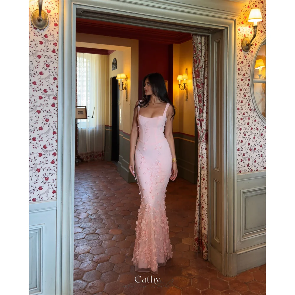 

Cathy Customized Pink Mermaid Sequinned Appliques Prom Dresses Lace-Up Sleeveless vestidos de noiva Ankle-Length Formal Evening