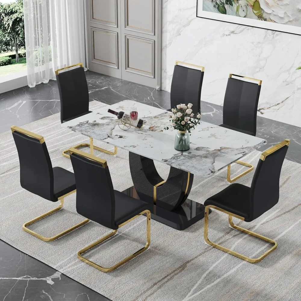 Marble dining table set, can accommodate 6 Pu leather cushioned chairs, can hold 6 people, with MDF base