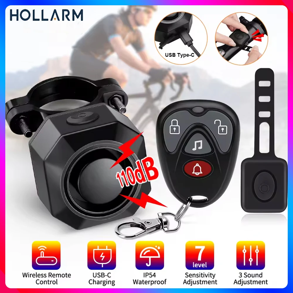 Hollarm Wireless Bike Vibration Alarm USB Charging Remote Control Burglar Motorcycle Bike Security Detector System Bicycle Alarm