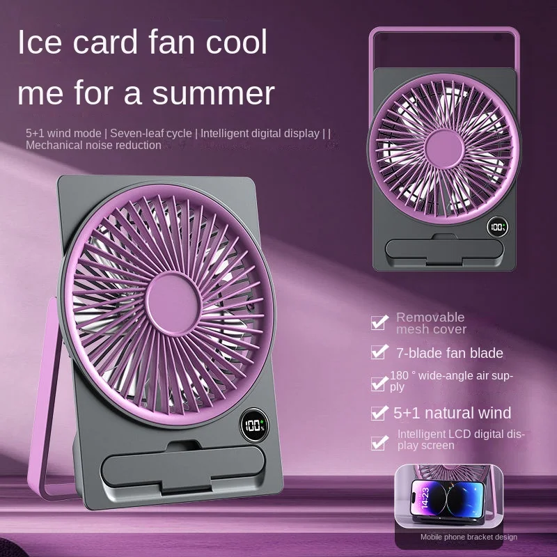 

2026 New Upgrade Ultra Thin Mini Fan USB Rechargeable Card Fan LCD Digital Display 6-speed Adjustment Hanging Stand Dual Use Des