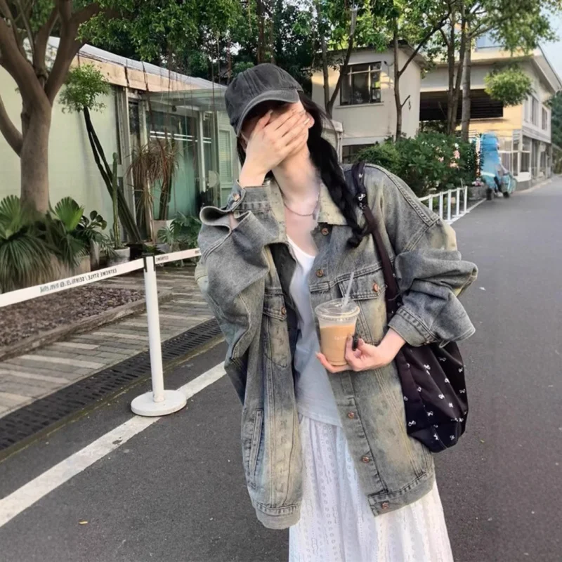 

High Street American Retro Distressed Workwear Women Sweet And Spicy Style Loose Slimming Top Spring And Au