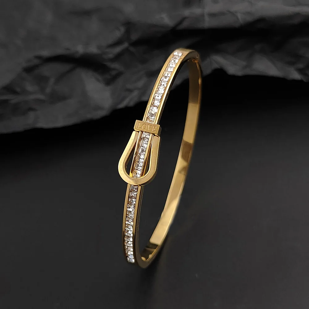 

Girls high-end fashion luxury titanium steel bracelet couple style curved row engraved LOVE single row inlaid jewelry gift