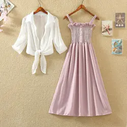 French Vintage Two Piece Set Summer Women Short Jacket Coat + Midi Dress Suits Casual Ladies 2 Piece Set