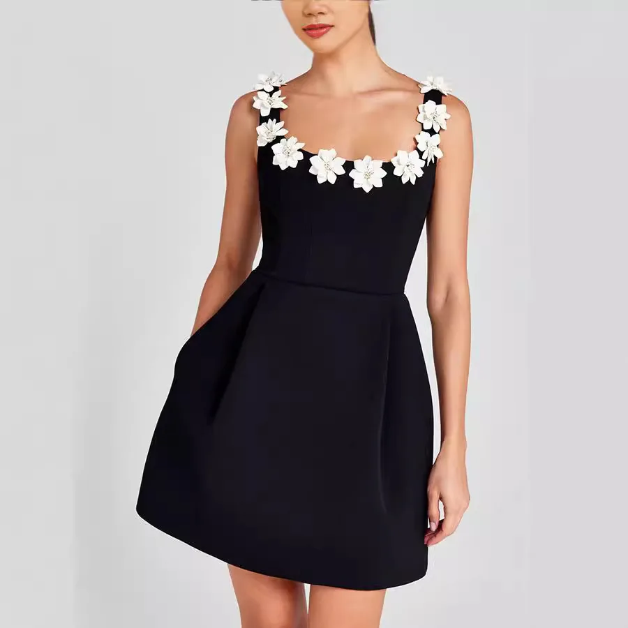 

Temperament Three-dimensional Flower Sleeveless Pocket Dress Fashion High Waist Casual Women's Clothing Summer New Solid Dresses