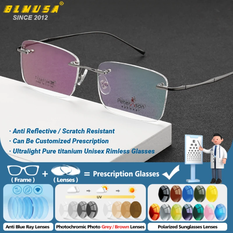 

BLMUSA Ultralight Pure Titanium Rimless Prescription Glasses Men Blue Light Blocking Reading Glasses Optical Lenses With Recipe