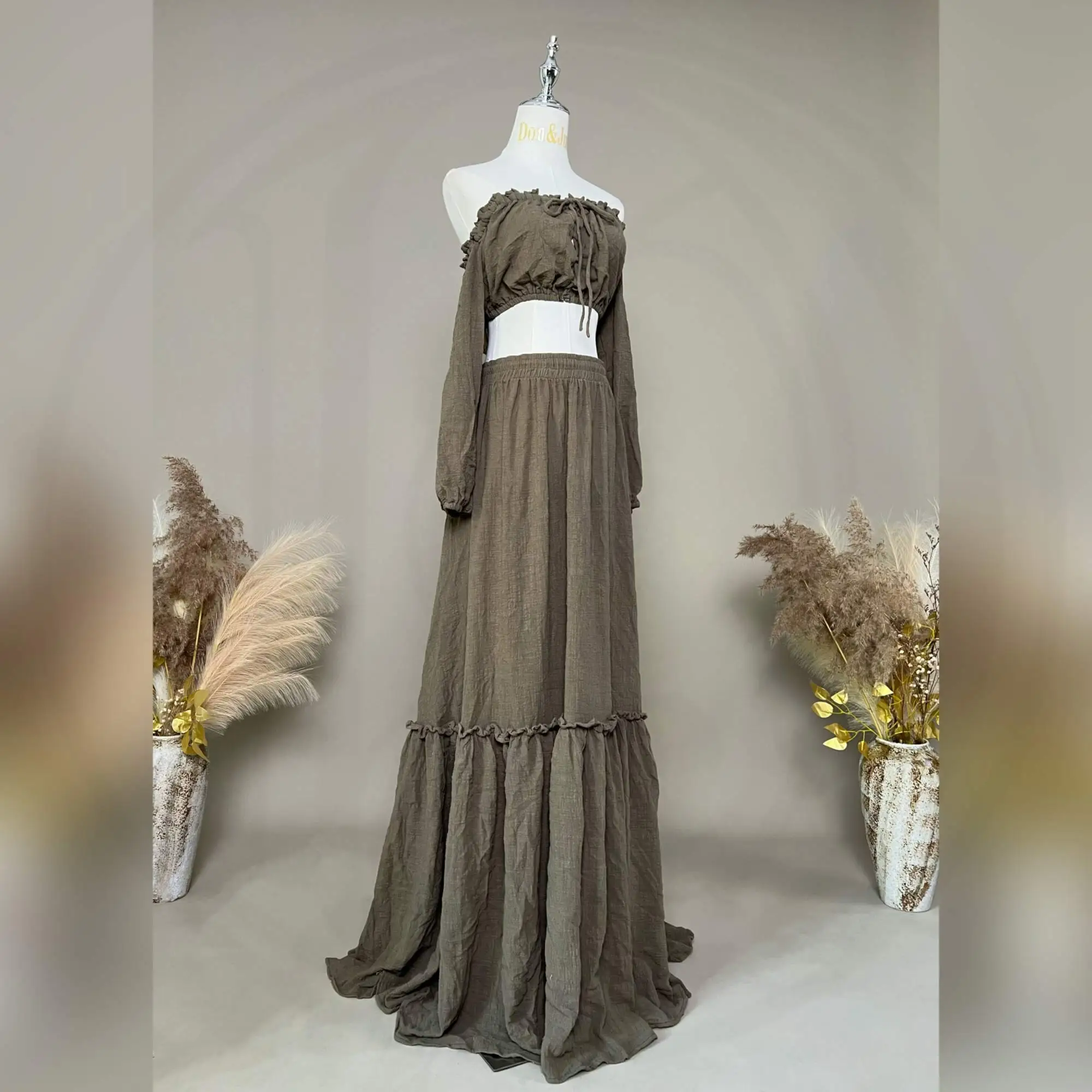 Don&Judy Boho Chic Maternity Maxi Dress Off-Shoulder Crop Top with Tie Front Long Sleeve Tiered Ruffle Skirt Flowy Casual Gown