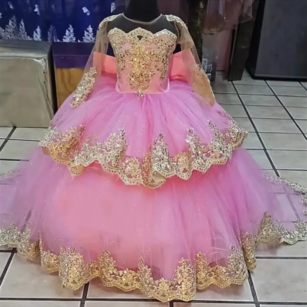 

Gold Appliqué Long Sleeve Pageant Wedding Pink Flower Girl Dress Big Bow First Communion Birthday Prom Party Custom Kids Dress