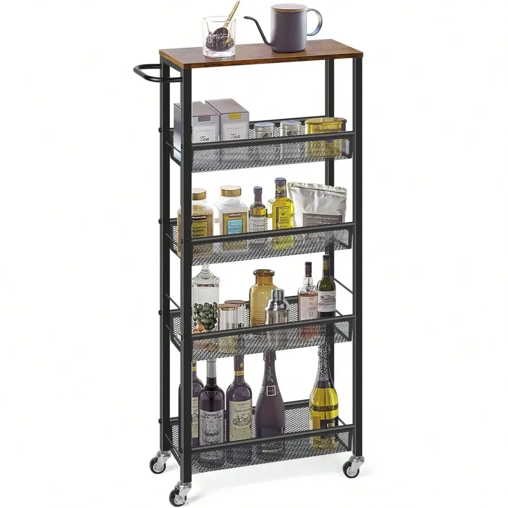 

Тележка для хранения, 5-ярусная кухонная тележка на колесах, узкая металлическая тележка, мобильный стеллаж для ванной комнаты