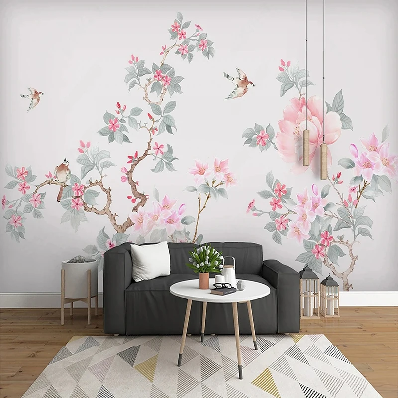 Custom Hand Drawn Pink Flower Murals Wallpaper Living Room Bedroom Background Wall Home Decor Backdrop Fresco Papel De Parede 3D