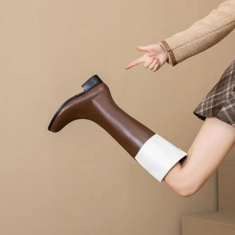 REAVE CAT Retro Female Knee High Boots Round Toe Block Heels Zipper Mixed Color Plus Size 46 47 48 Leisure Soft Riding Booties image 4