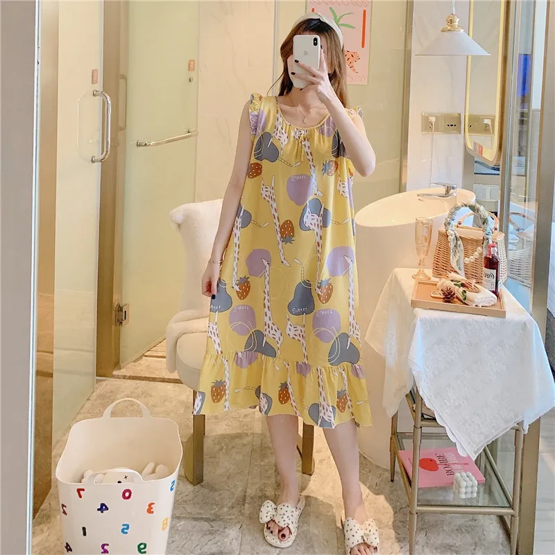 New Summer Women Dress 100% Cotton Gauze Nightdress Sleeveless Thin Round Neck Flower Print Cute Home Clothes Dress