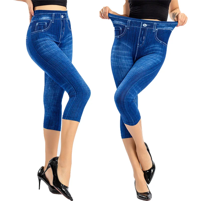 VIIANLES Summer Women Capris imitacja dżinsów Denim legginsy z nadrukami moda Slim rozciągliwe szorty ołówek spodnie wysokiej talii rajstopy