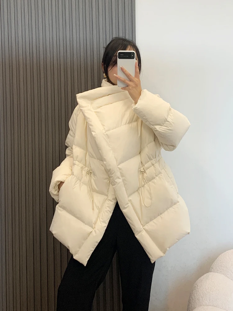 2023 New Winter Large lapel Collar Elegant Parka White Duck Down Coats Drawstring Loose Office Lady Fashion Jacket