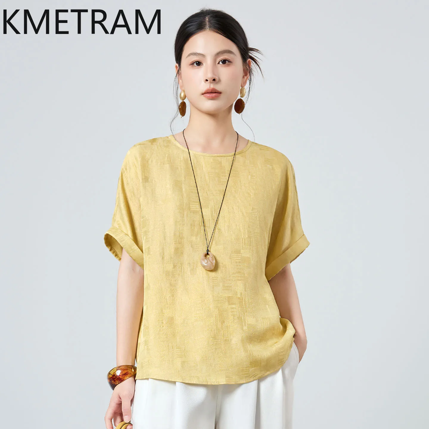 KMETRAM 93.6% Real Mulberry Silk Women T Shirts Elegant Jacquard T Shirt O-Neck Loose Summer Tops for Woman Clothing 2026 ropa