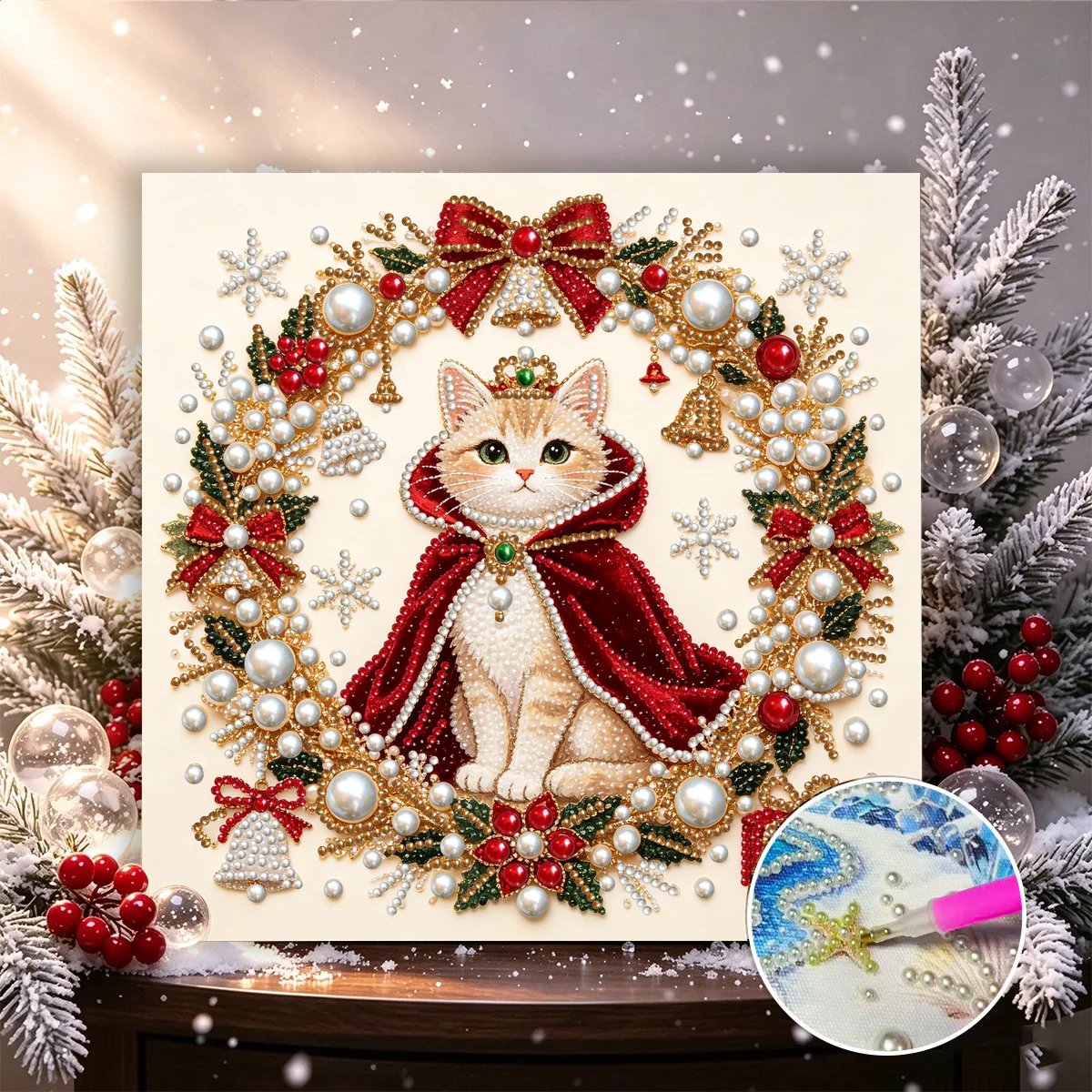 1Set  30X30CM/11.8in  Diamond Painting Art Set DIYChristmas Cat Wreath Crown Pearl Painting Craft Kit Quick Completion Beginner