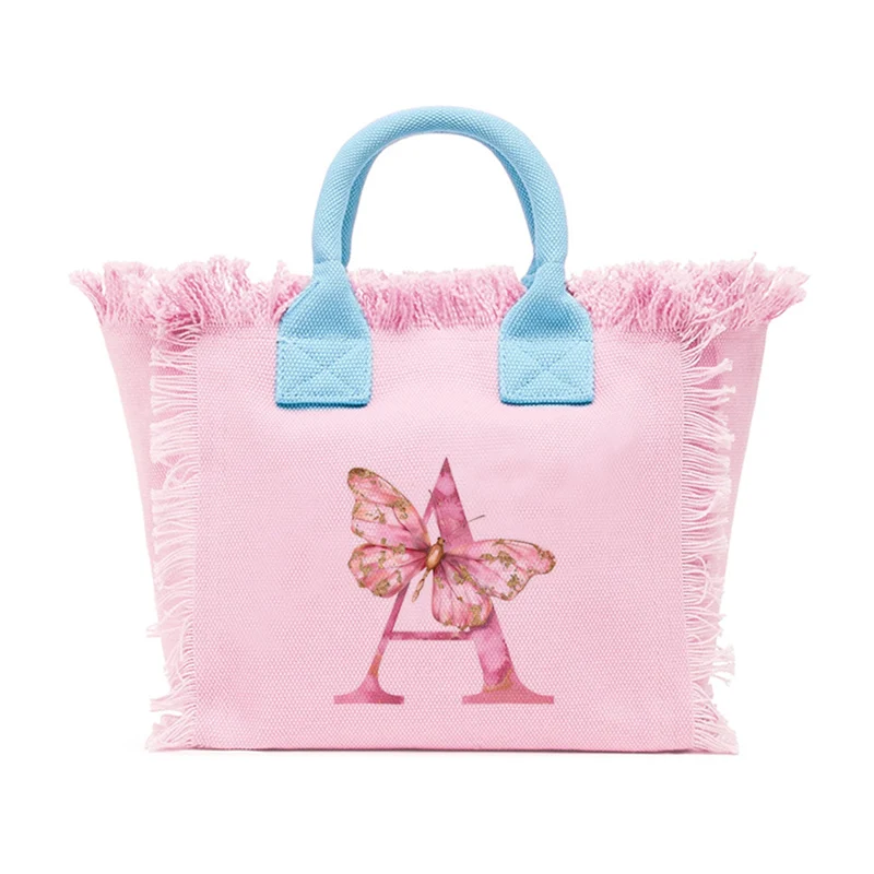 

Beach bag pink blue canvas handbag butterfly letter print suitable for women's casual shoulder crossbody bag
