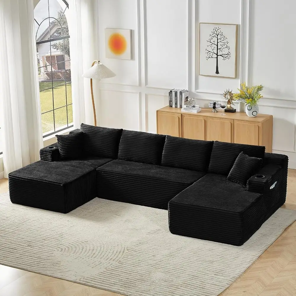 

Large Black Sectional Couch with Cup Holders, Storage, Plush Corduroy, Easy to Move, No Assembly Required