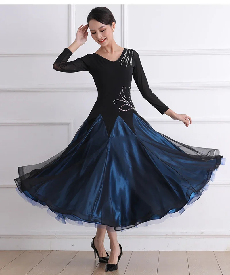 Vestidos de Baile de Salón para Mujer, Manga Larga, Negros, Falda de Flamenco, Vestido de Baile de Salón Estándar para Dama, Vals
