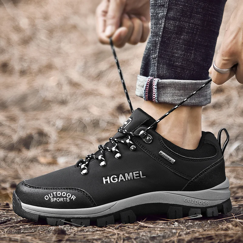 Black Leather Boots Men Sports Flat Shoes Outdoor Comfortable Hiking Sneakers Winter Water Proof Hiking Man Footwear