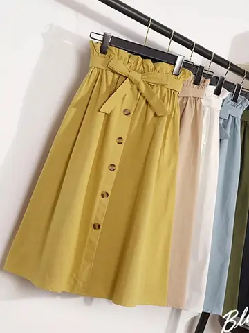 여름 가을 스커트 여성 미디 무릎 길이 한국어 우아한 버튼 하이 웨스트 스커트 여성 Pleated 학교 스커트